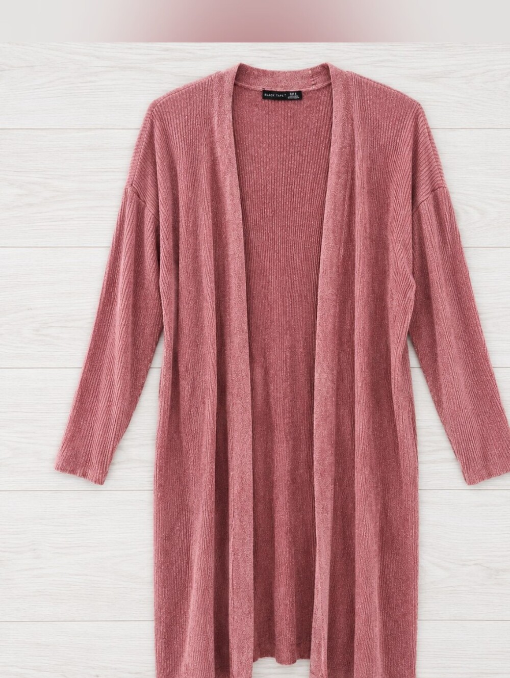 Black Tape Ribbed Open-Front Long Cardigan Sweater in Rose Mauve - Size L